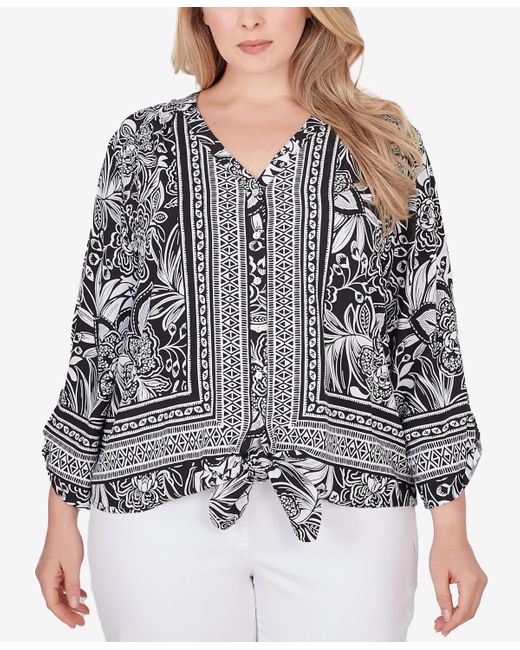 Ruby Rd Black Plus Size Woodblock Woven Top