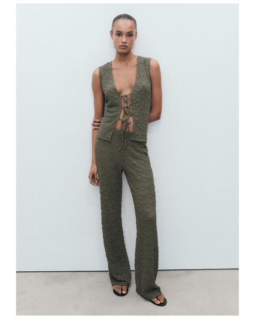 Mango Green Straight Textured Pants