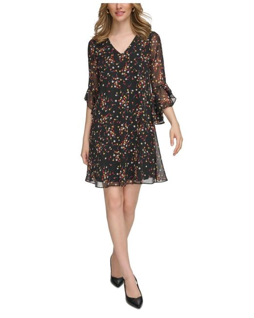 Calvin Klein Black Floral-print Ruffled Shift Dress