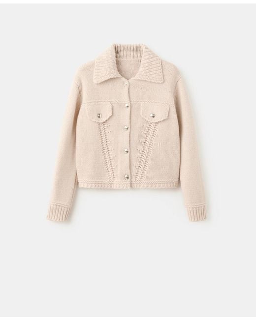 Mango White Polo Collar Knitted Jacket