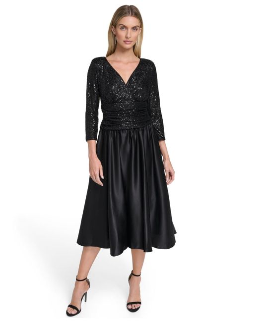 Jessica Howard Women's Black Petite 3/4-sleeve V-neck Sequin Midi Dress Jessica Howard Women's Black Petite 3/4-sleeve V-neck Sequin Midi Dress