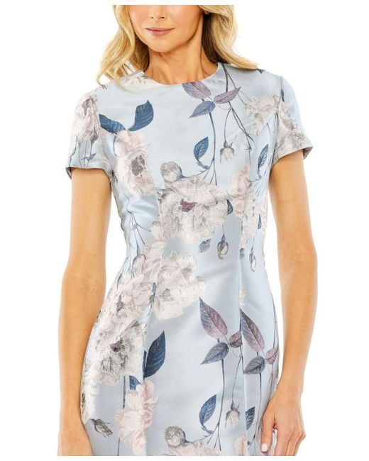 Mac Duggal Blue Short Sleeve Fitted Floral Mini Dress
