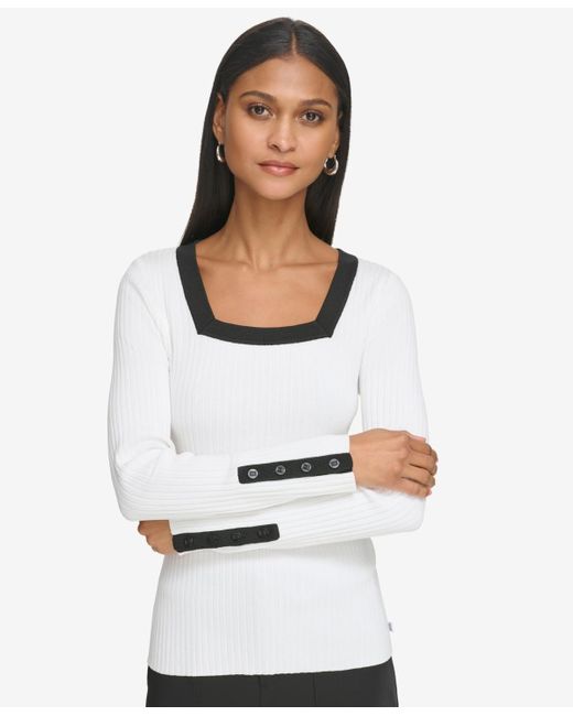 Karl Lagerfeld White Square-neck Contrast-trim Sweater