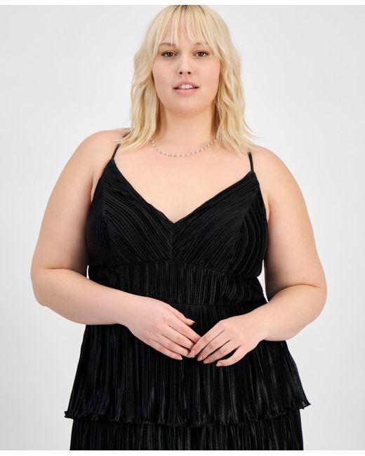 Emerald Sundae Black Trendy Plus Size Pleated Tiered Gown