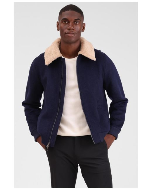 Bagatelle Homme Blue Wool Blend Faux Fur Collared Bomber Jacket for men