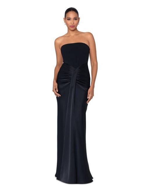 Betsy & Adam Blue Ruched Strapless Gown