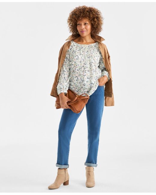 Style & Co. Blue Printed Split Neck Peasant Top