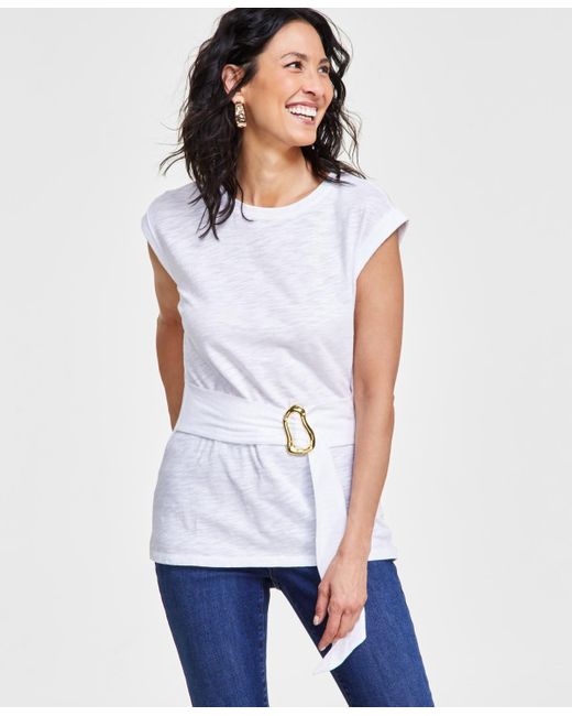 INC International Concepts White Crewneck Belted Top