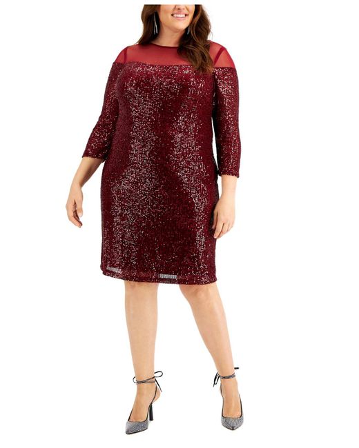 R & M Richards Synthetic Plus Size Illusion-yoke Sequin Dress in Merlot (Red) - Lyst
