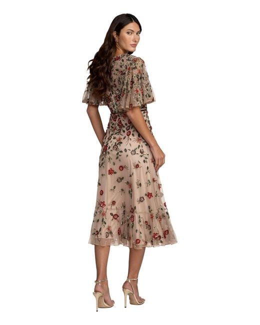 Mac Duggal Brown Floral Embellished Flutter Sleeve Midi Dress