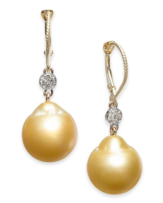 Macy's Metallic Cultured Baroque Golden South Sea Pearl (12mm) & Diamond (1/10 Ct. T.w.) Drop Earrings In 14k Gold
