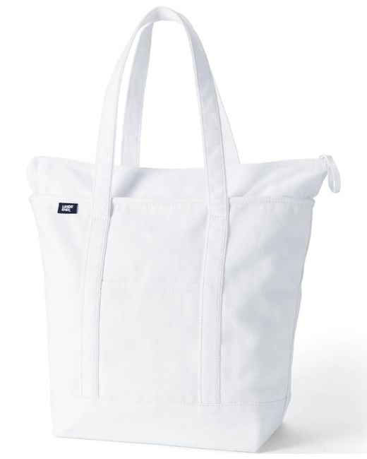 Lands' End White Large Solid Color 5 Pocket Zip Top Long Handle Canvas Tote Bag