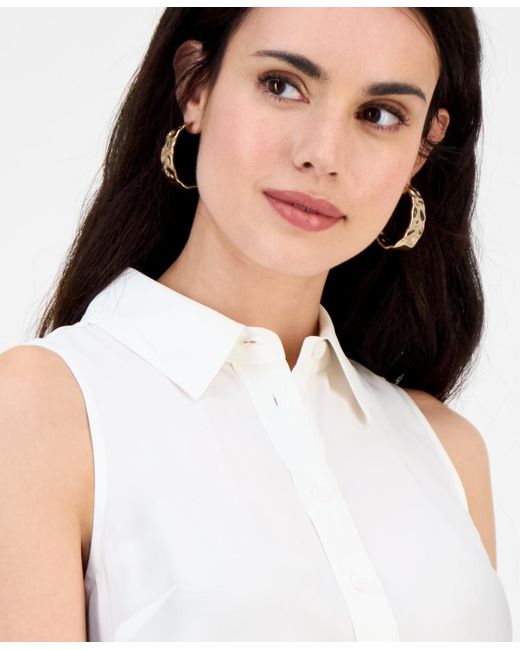 INC International Concepts White Petite Spread-collar Button-front Top