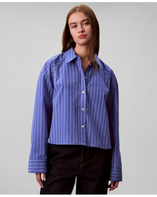 Calvin Klein Blue Stripe Boxy Cotton Crop Shirt