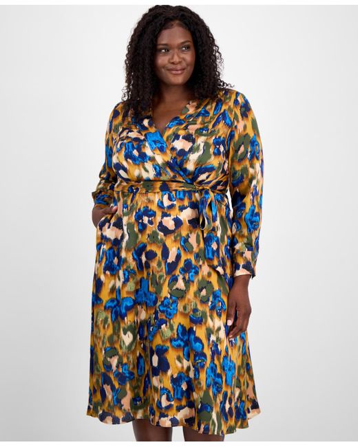 Tahari White Plus Size Printed V-neck Tie-waist Midi Dress