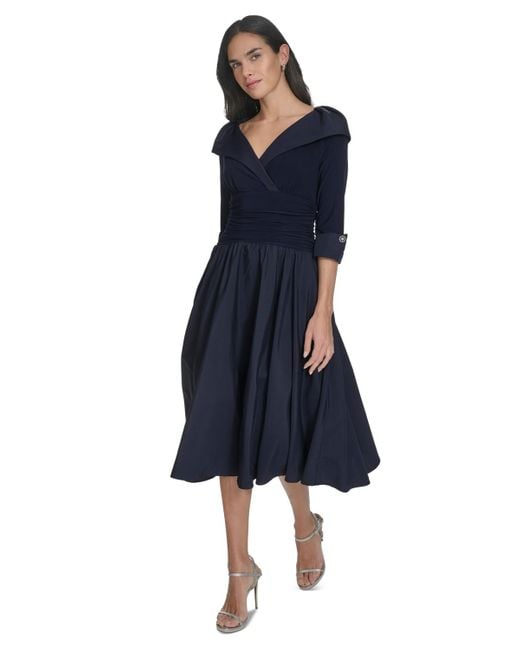 slim fit dress slacks Bella Dahl Fit & Flare V Neck Midi Dress - Navy Micro Gingham main image 1