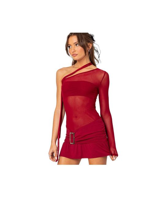 Edikted Red One Shoulder Sheer Mesh Mini Dress