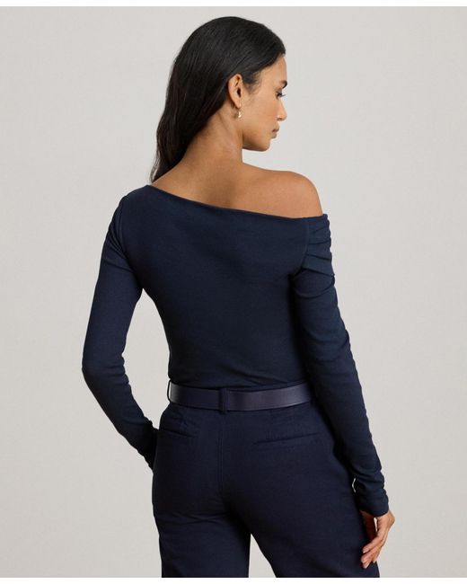 Ralph Lauren Blue Ribbed Asymmetrical Off-the-shoulder Top