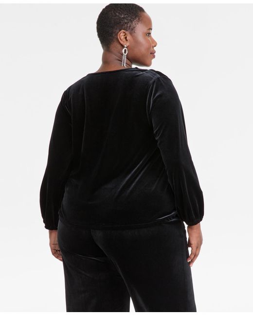 INC International Concepts Black Plus Size Velvet V-neck Top