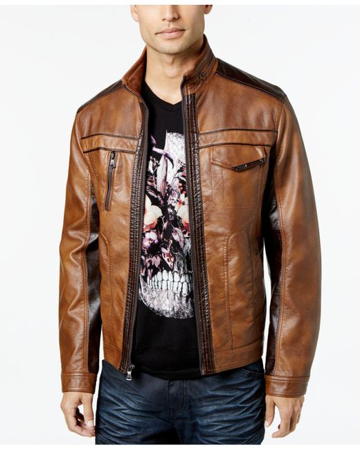 INC International Concepts Brown Jones Two-tone Faux-leather Jacket for men