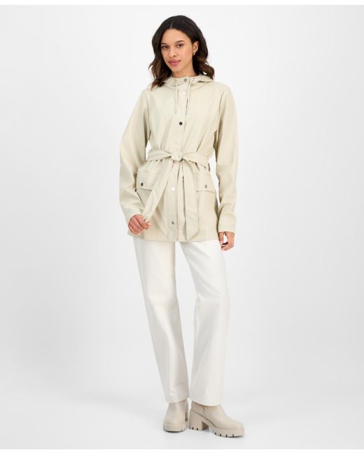 Rains White Tie-waist Snap-front Hooded Rain Coat
