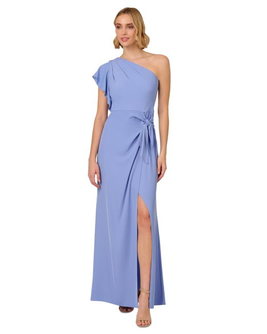 Adrianna Papell Blue Side-tied One-shoulder Gown