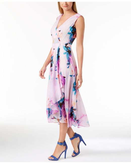 Calvin Klein Purple Floral-print Surplice Dress