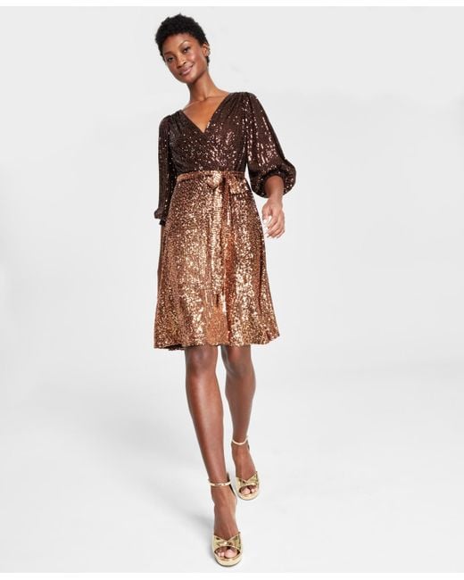 DKNY Brown Ombre-sequin Fit & Flare Wrap Dress