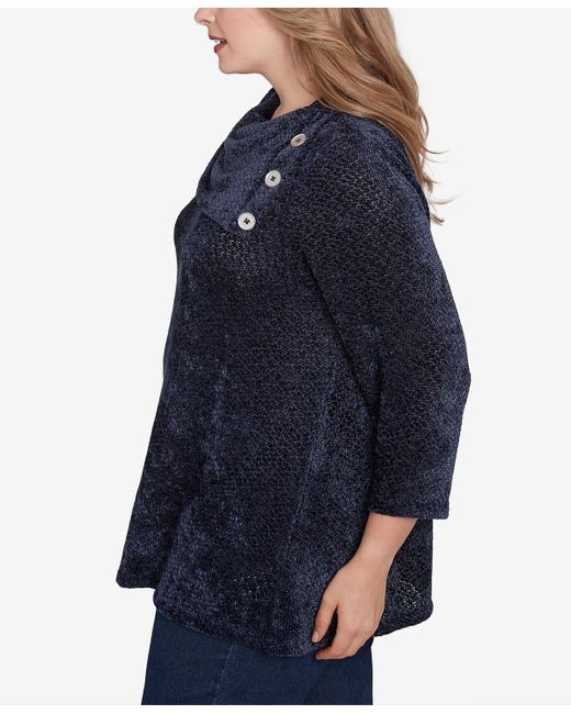 Ruby Rd Blue Plus Size Split Cowl Neck Chenille Shine Knit Top