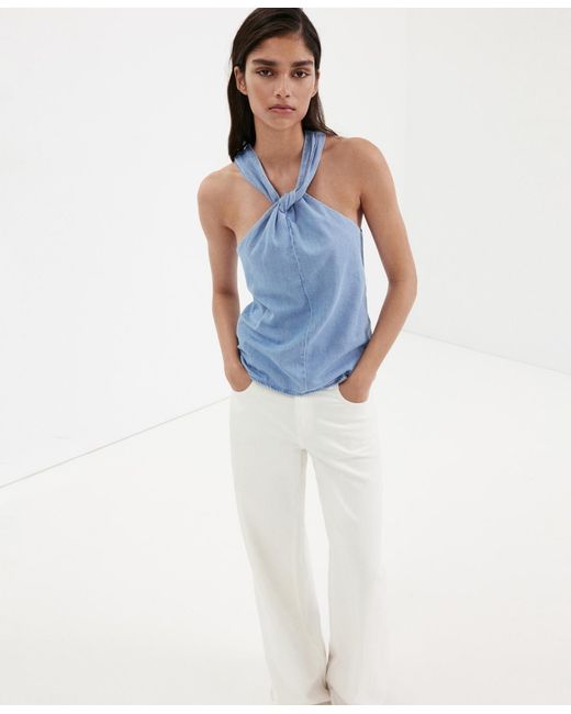 Mango Blue Crossed-strap Denim Top