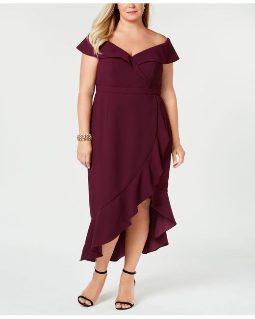 xscape ruffle off the shoulder gown