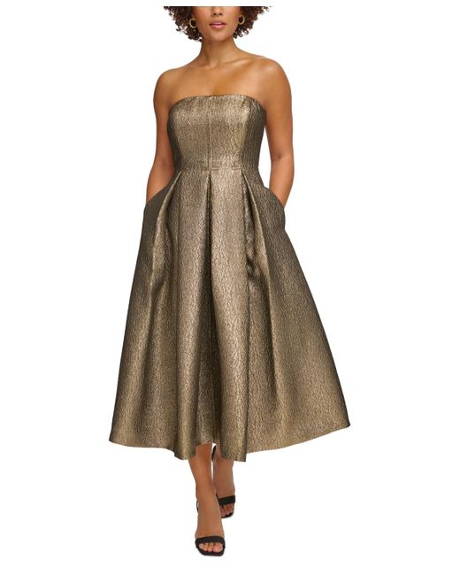 Calvin Klein Natural Strapless Metallic Jacquard Formal Dress