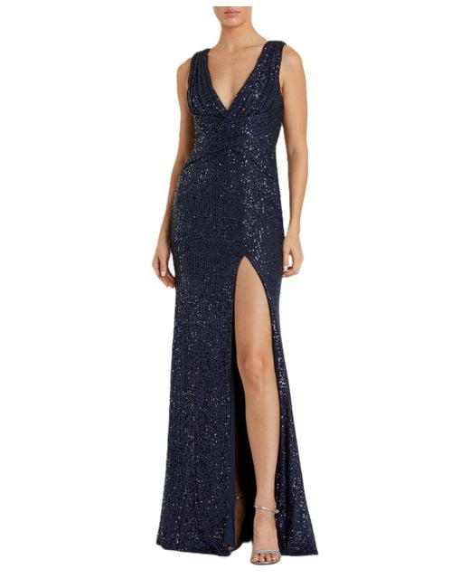 Mac Duggal Blue Ieena V-neck Sequin Wrap Waist Gown