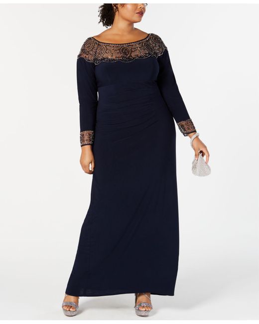 Xscape Plus Size Embellished Illusion Gown in Blue | Lyst