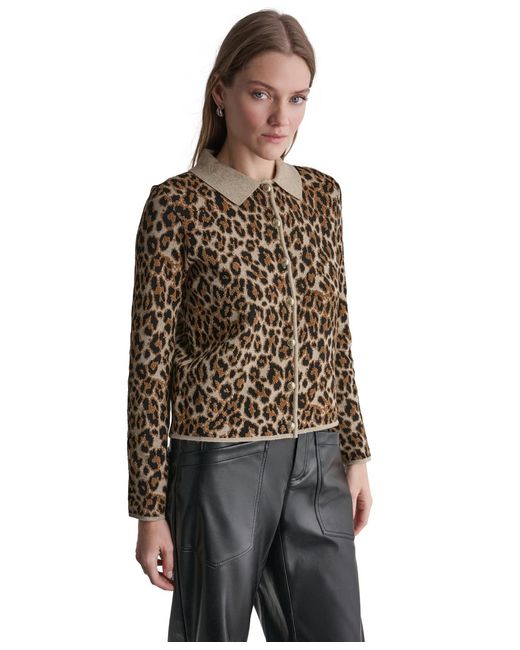 BCBGMAXAZRIA Brown Leopard-print Button-front Fitted Cardigan