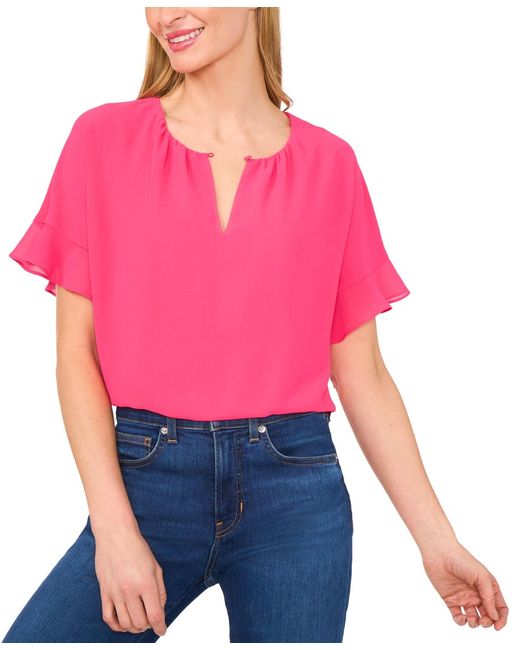 Cece Red Short-sleeve Half Button Flowy Blouse