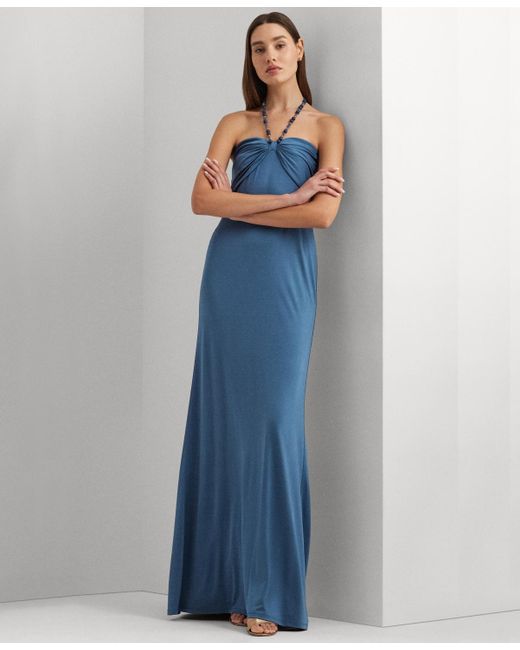 Lauren by Ralph Lauren Blue Beaded Halter Jersey Gown