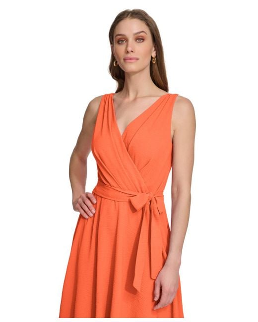 DKNY Orange Sleeveless Faux-wrap Dress