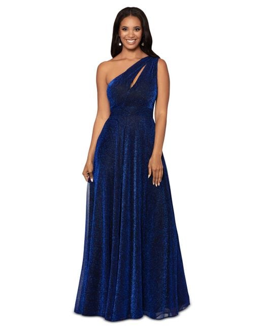 Betsy & Adam Blue Glitter One-shoulder Cut-out Gown
