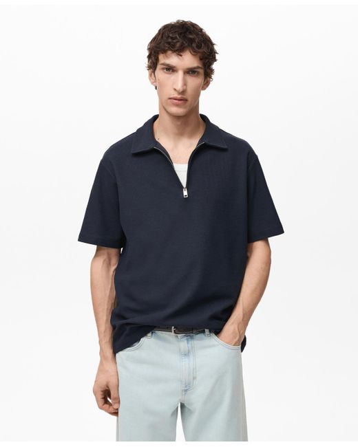 Mango Blue Structured Zip Collar Polo Shirt for men