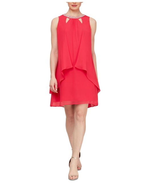 Sl Fashions Red Chiffon Cut-out Beaded Neckline Dress