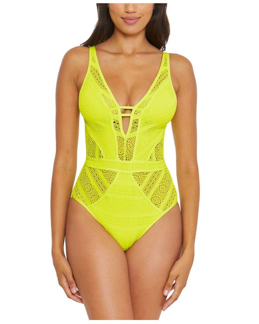 Becca Yellow Color Play Crochet Plunge One-piece Swimsuit
