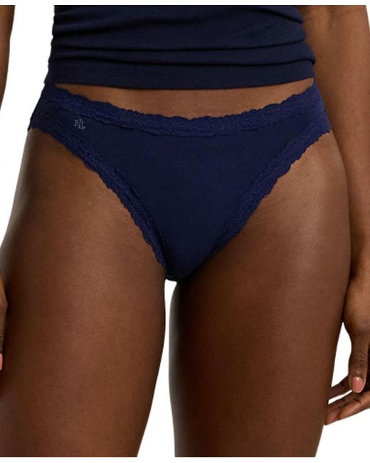 Lauren by Ralph Lauren Blue Cotton & Lace Jersey Bikini Brief Underwear 4l0076