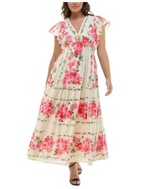 Taylor Red Plus Size Floral-print Flutter-sleeve Maxi Dress