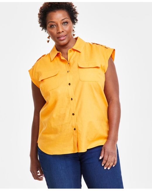 INC International Concepts Yellow Plus Size Linen-blend Sleeveless Utility Shirt