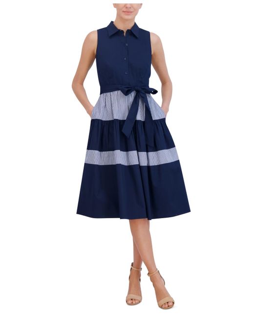Jessica Howard Blue Colorblocked Tiered Shirtdress