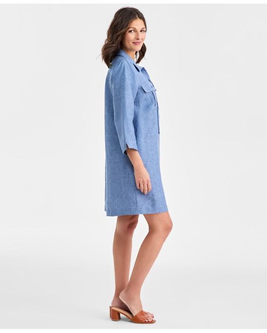 Charter Club Blue 100% Linen Lace-up 3/4-sleeve Utility Dress