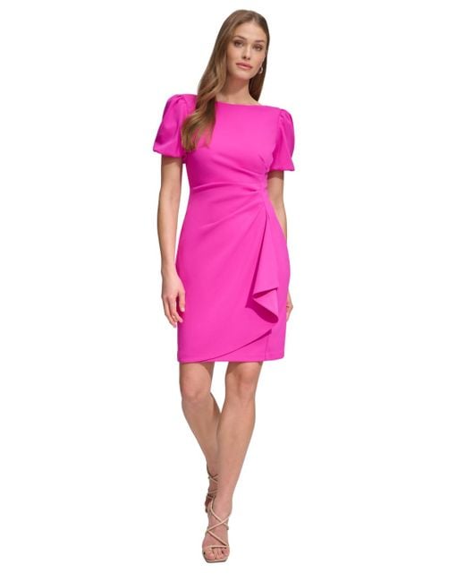 DKNY Pink Puff-sleeve Side-ruched Sheath Dress