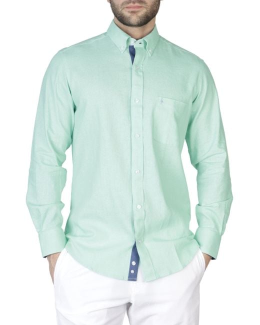 Tailorbyrd Green Solid Linen Long Sleeve Shirt for men