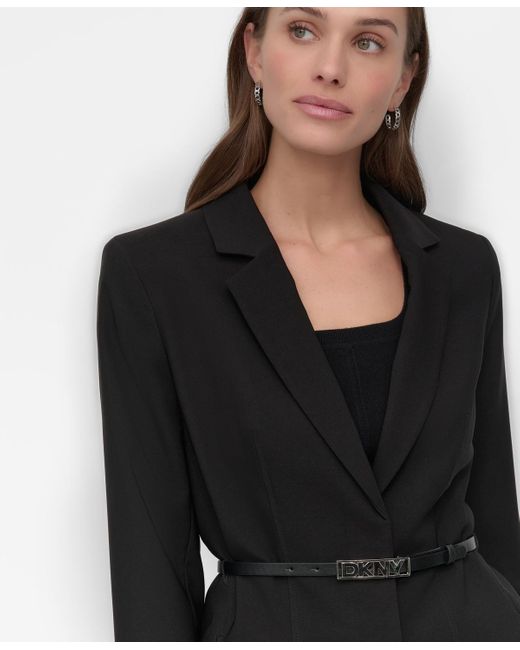 DKNY Black Petite Notched Collar Belted Two-button Blazer